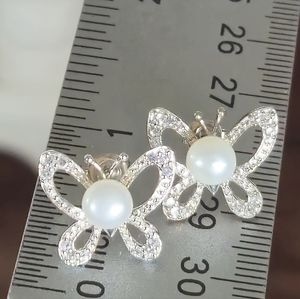 IPS Designer Signed 925 Sterling Silver Butterfly Ladies White Pearl Earrings 🦋